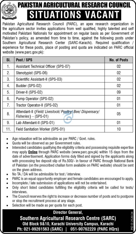 Southern Agricultural Research Center PARC Karachi Jobs